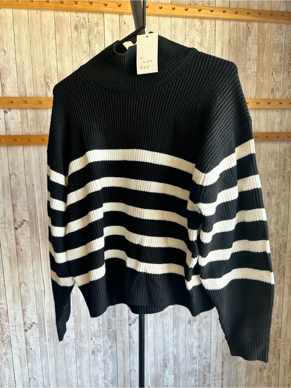 a new day Black & White Striped Ribbed Turtleneck Sweater